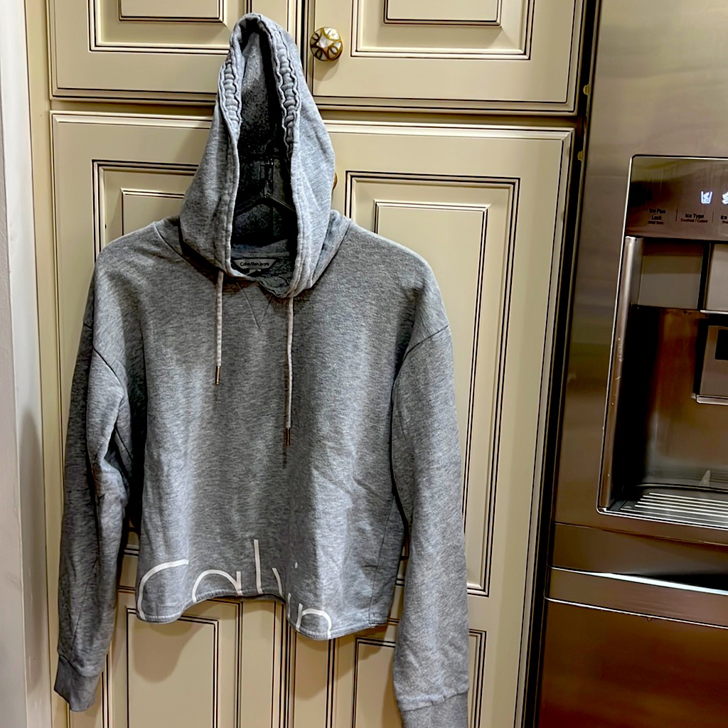 Calvin Kline Brand Crop Hoody Sweatshirt In Gray With Fleece Lining